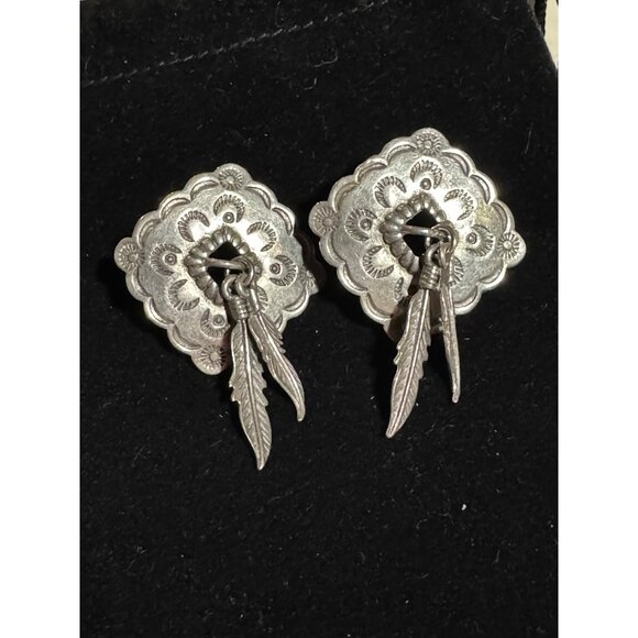 JJ Jonette Southwestern Silver Feather Earrings, Native American Style Jewelry - Picture 2 of 7